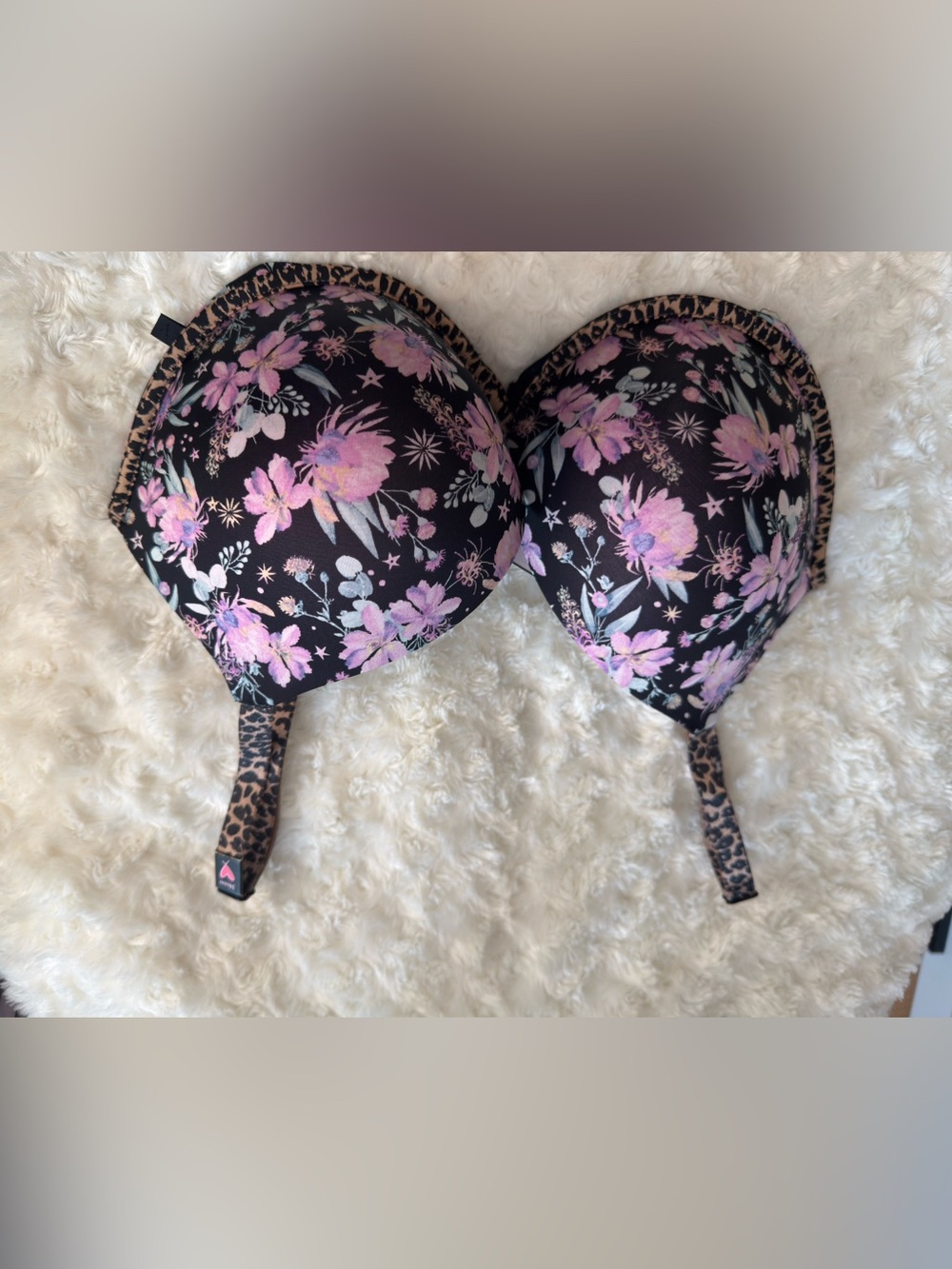Victoria's Secret Black Bra with Pink Floral Print and Leopard Trim